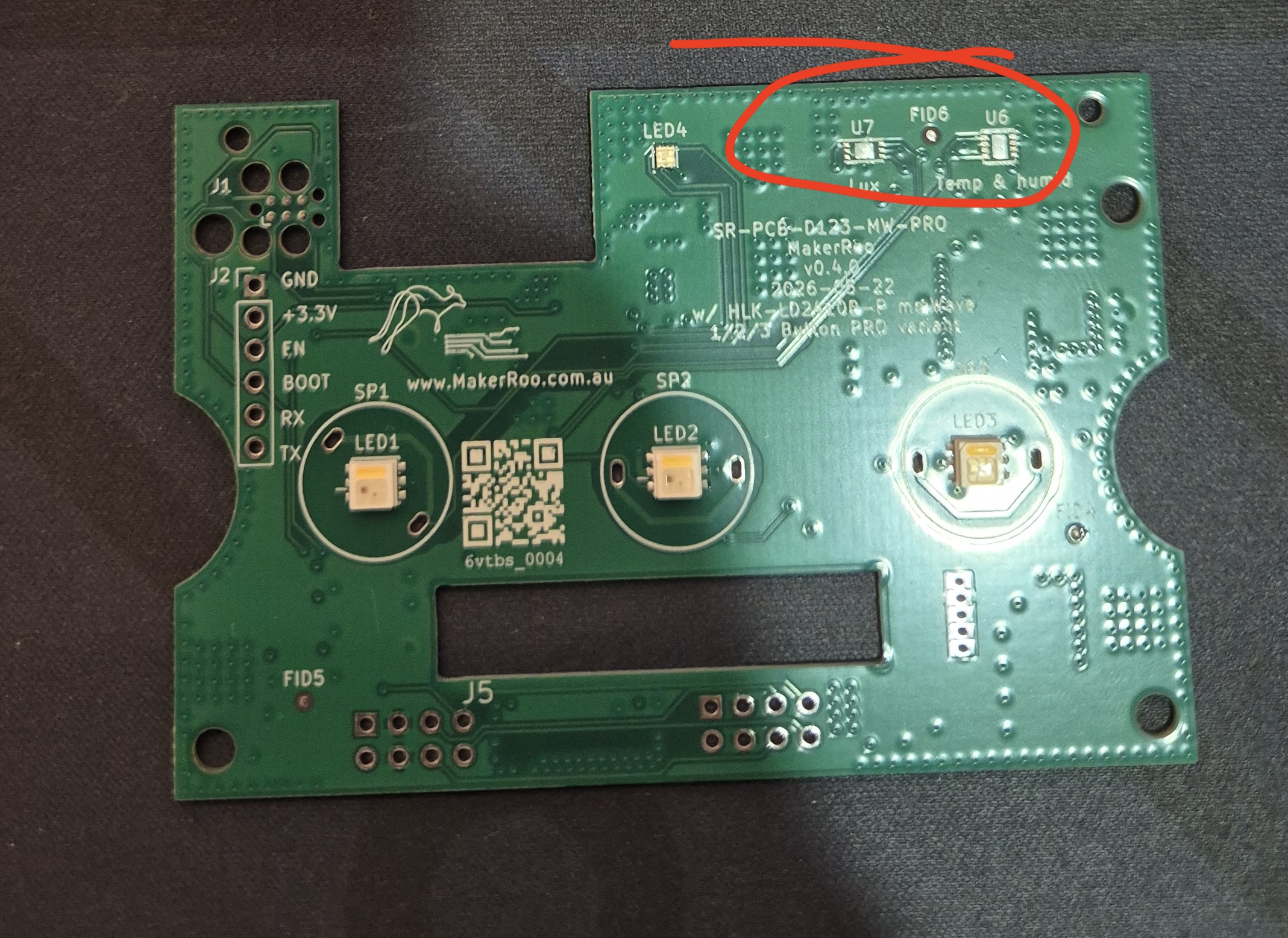 partially assembled Pro board, BH1750FVI and SHT30 positions annotated
